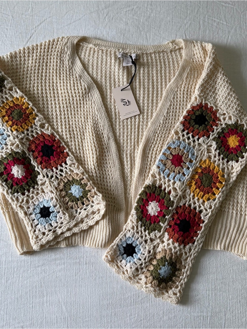 NWT Sincerely Jules Cream Knit Cardigan with Multicolor Crochet Patch Sleeves